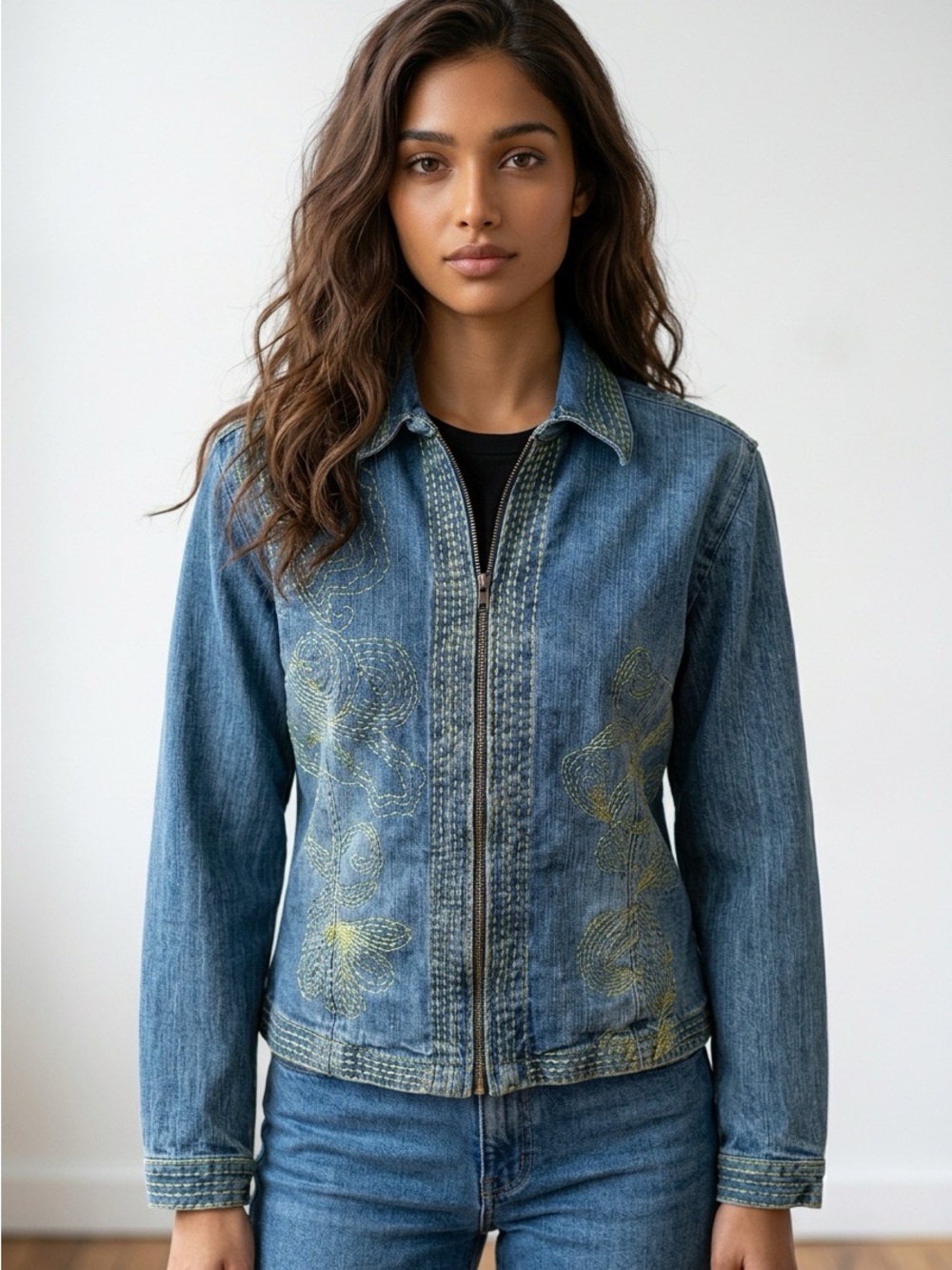 Chicos Gold Metallic Embroidered Denim Jacket